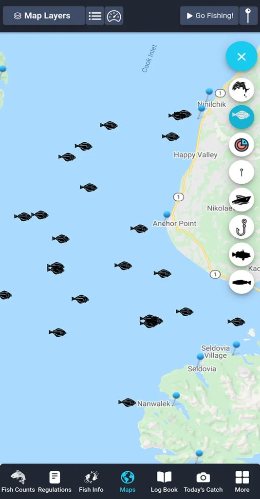 Alaska FishTopia app: halibut fishing spots marked on the map around Kachemak Bay and Cook Inlet