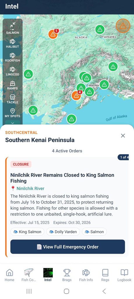 Alaska FishTopia app: an ADF&G emergency order closing the Ninilchik River to king salmon fishing, shown on the map for the Southern Kenai Peninsula