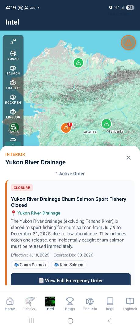 Alaska FishTopia app: an ADF&G emergency order closing the Yukon River drainage chum salmon sport fishery, with its dates and species